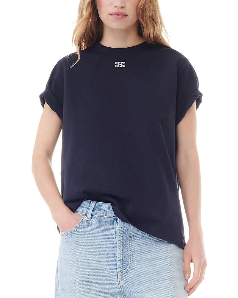 Ganni White Basic Jersey Rhinestone Relaxed Tee