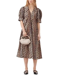 Leopard Cotton Poplin V Neck Maxi Dress