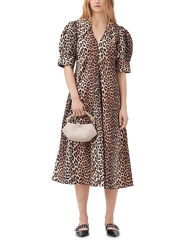 Ganni Leopard Cotton Poplin V Neck Maxi Dress