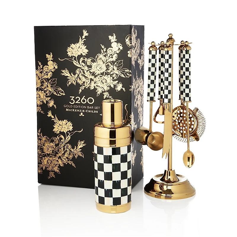 Mackenzie-Childs Courtly Check Gold 6-Piece Bar Tool Set and Stand