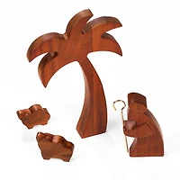 Wooden Shepherd with Lambs & Palm Tree Figurines, Set of 4
