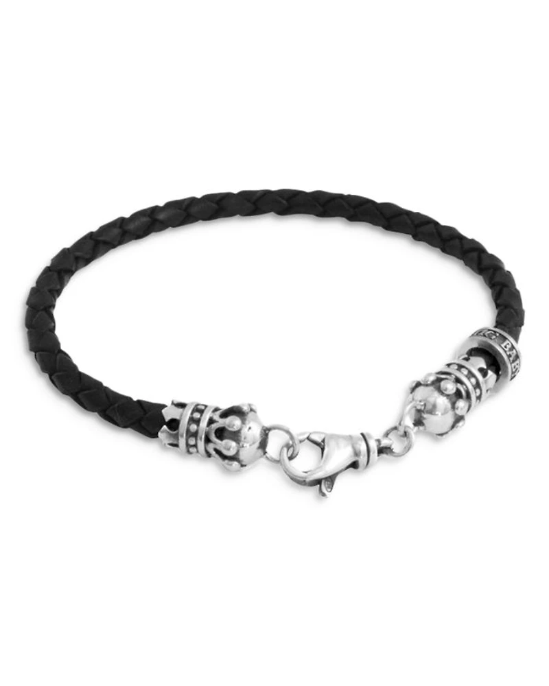 Small Leather Braided Sterling Silver Crown Bracelet