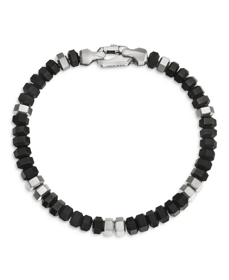Men's Hex Bead Bracelet Sterling Silver, 6mm
