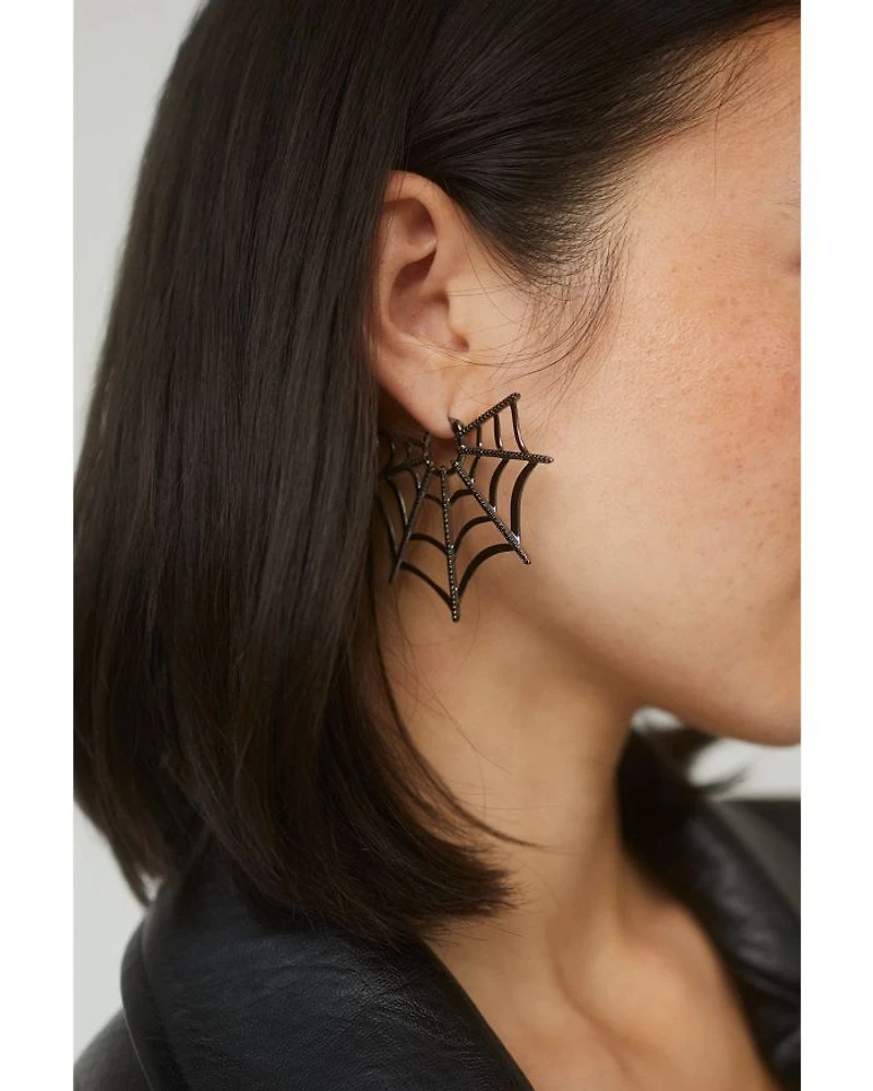 Haunt Couture Black Pavé Web Hoop Earrings in Ruthenium Plated