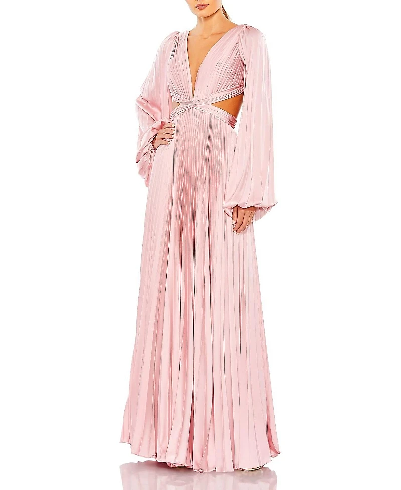 Mac Duggal Long Sleeve Pleated Charmeuse Cut Out Gown