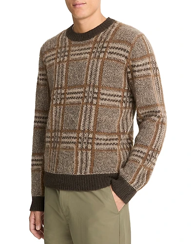 Vince Brushed Glen Plaid Crewneck Sweater
