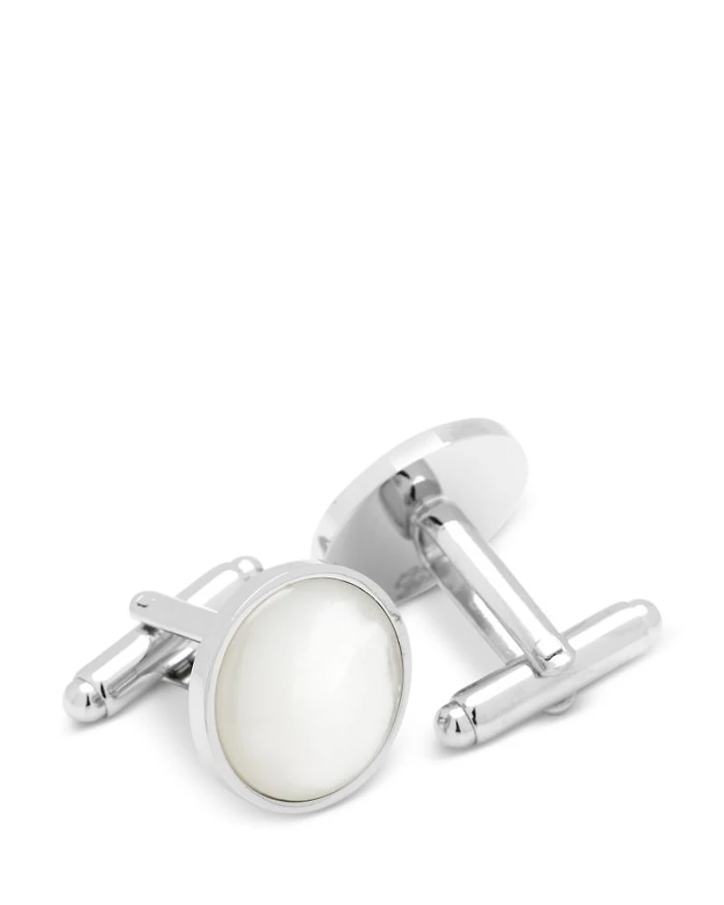 Mother of Pearl Inlay Rhodium Plated Round Stud & Cufflink Set