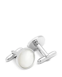 Mother of Pearl Inlay Rhodium Plated Round Stud & Cufflink Set