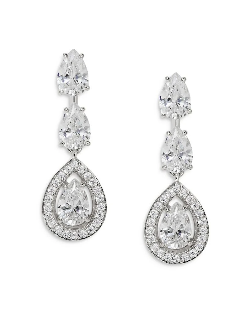 Radiant Pear Shape Cubic Zirconia Halo Drop Earrings in Rhodium Plated