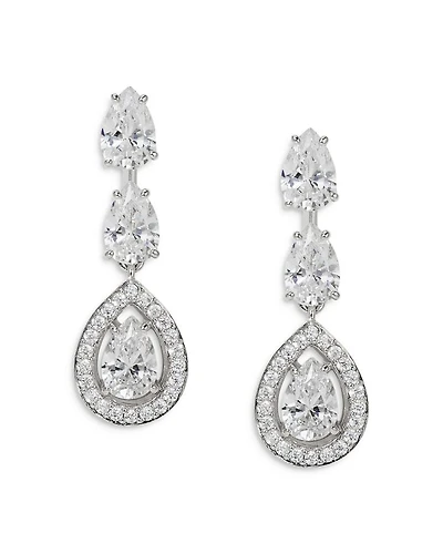 Radiant Pear Shape Cubic Zirconia Halo Drop Earrings in Rhodium Plated
