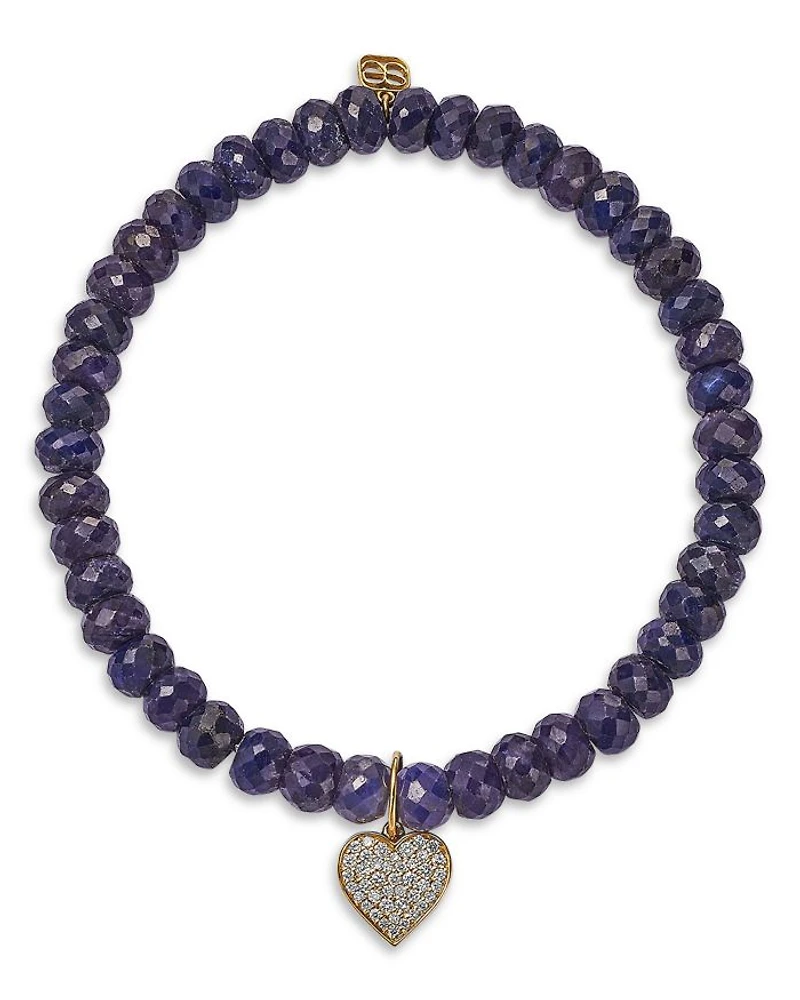 Mini Pavé Diamond Heart Charm Blue Sapphire Corundum Beaded Bracelet
