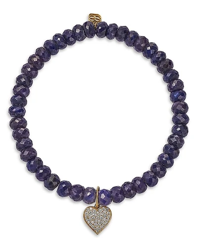 Mini Pavé Diamond Heart Charm Blue Sapphire Corundum Beaded Bracelet