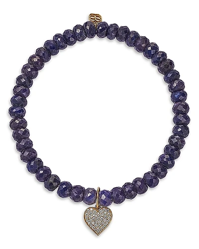 Sydney Evan Mini Pave Diamond Heart Charm Blue Sapphire Corundum Beaded Bracelet