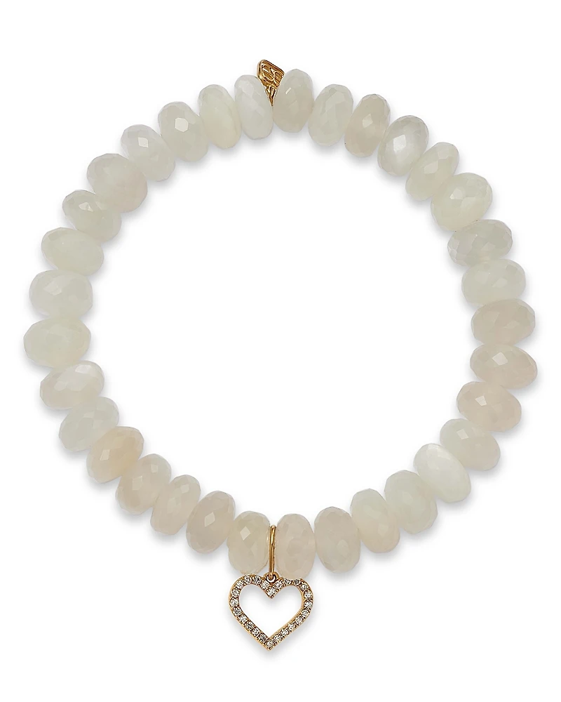 Sydney Evan Diamond Open Heart Charm White Moonstone Beaded Bracelet