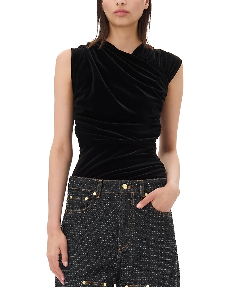 Ganni Velvet Jersey Ruched Blouse