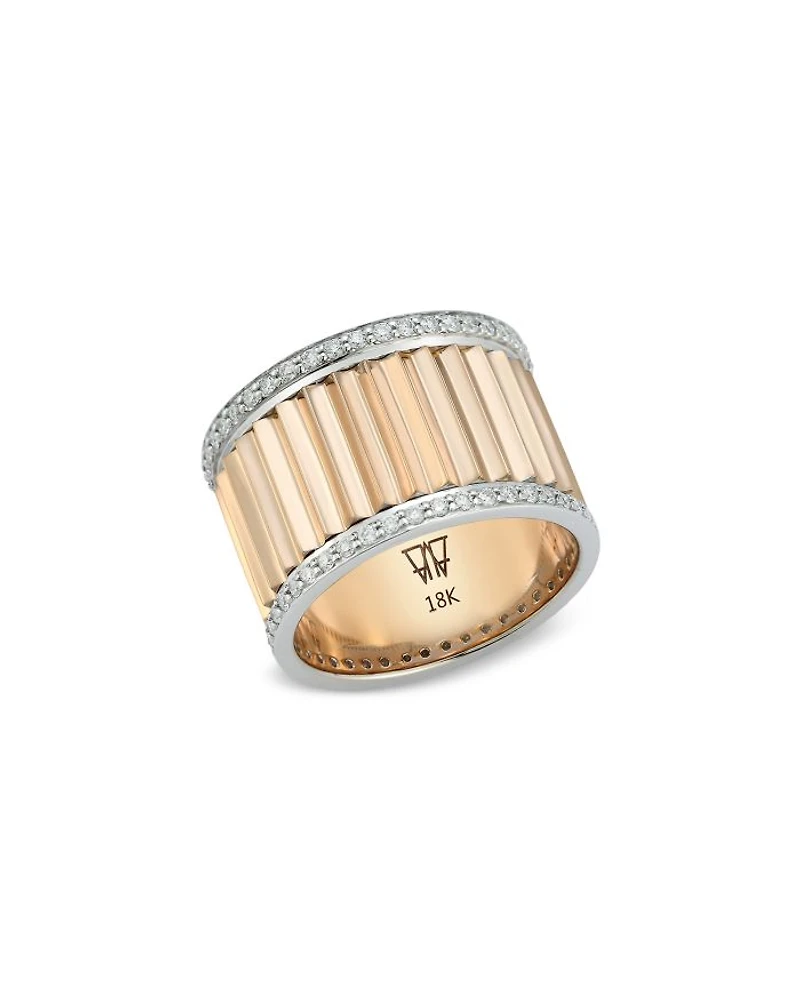 18K White & Yellow Gold Diamond Edge Flute Wide Band
