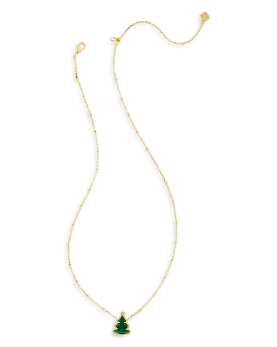 Green Quartzite Holiday Tree Adjustable Pendant Necklace in 14K Gold Plated, 14"-18"