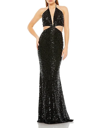 Mac Duggal Cut Out Halter Tie Back Sequin Gown