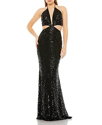 Mac Duggal Cut Out Halter Tie Back Sequin Gown