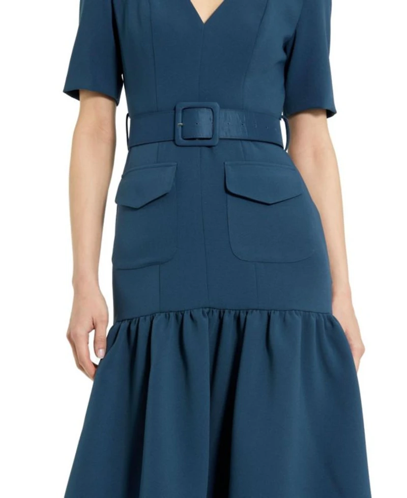 Belted Crepe Midi Dress With Pockets