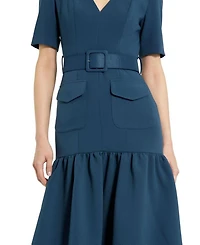 Belted Crepe Midi Dress With Pockets