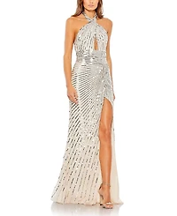 Mac Duggal Embellished Keyhole Halter Strap Draped Gown