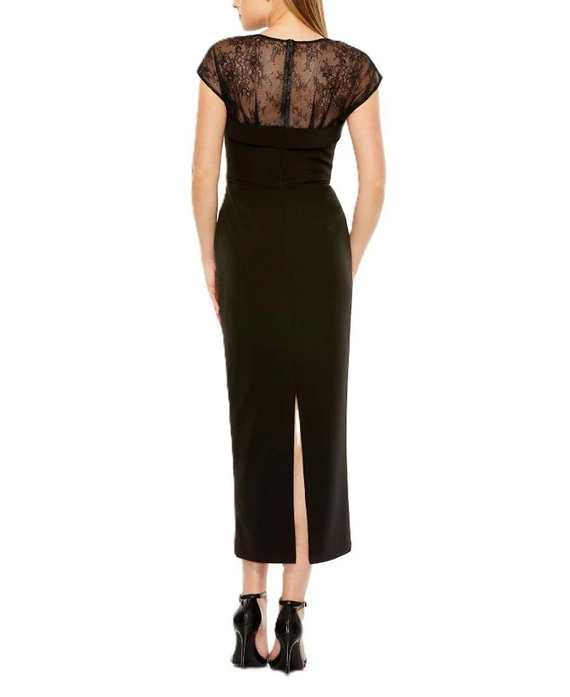 Sheer Lace Top Crepe Midi Dress
