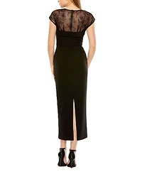Sheer Lace Top Crepe Midi Dress