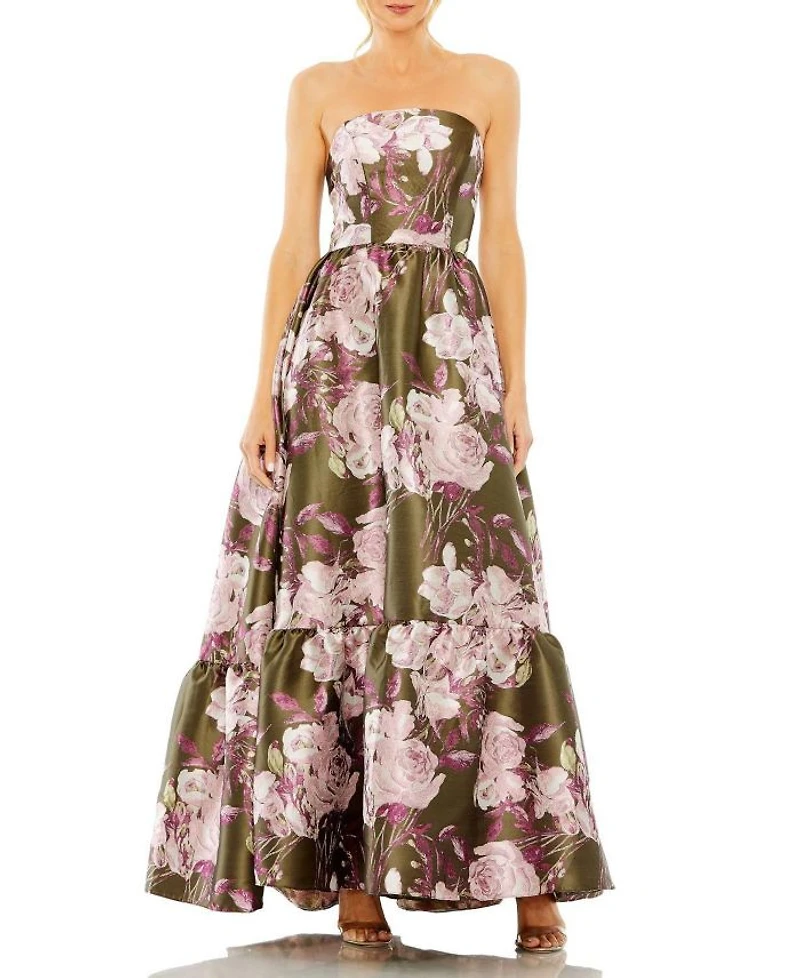 Strapless Bottom Ruffle Floral Gown
