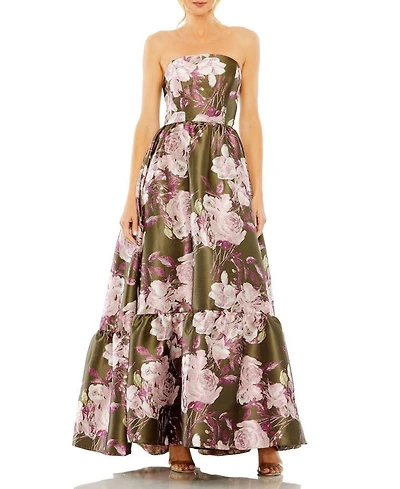 Strapless Bottom Ruffle Floral Gown
