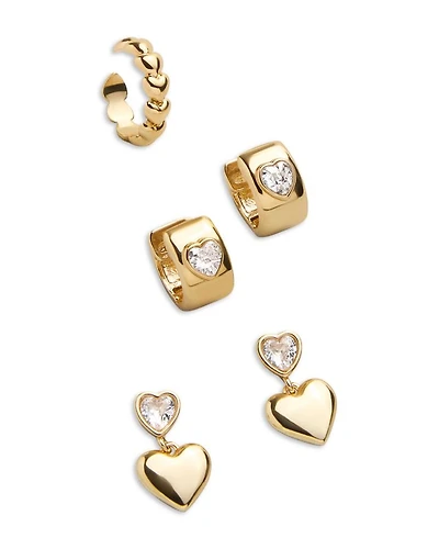 Alice Crystal Heart Drop, Huggie Hoop, & Single Cuff Earrings, Set of 3