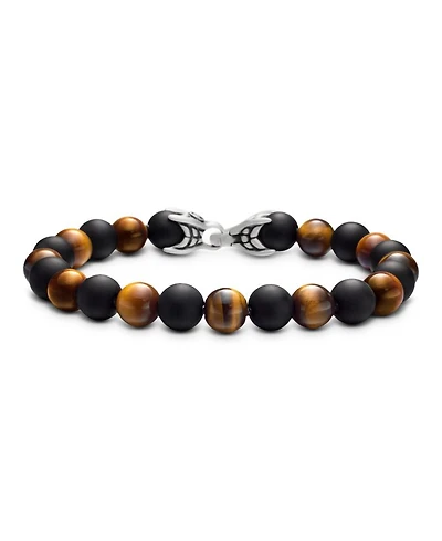 Men's Spiritual Beads Alternating Bracelet in Sterling Silver with Tigers Eye and Black Onyx, 8mm
