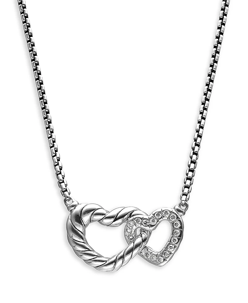 David Yurman Sterling Silver Cable Collectibles Diamond Heart Pendant Necklace, 15-17