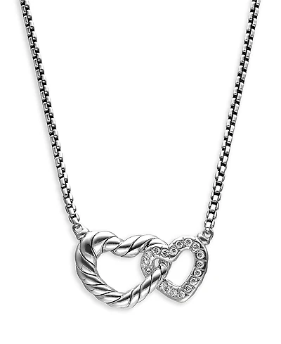David Yurman Sterling Silver Cable Collectibles Diamond Heart Pendant Necklace, 15-17
