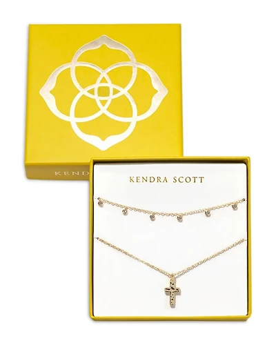 Amelia Bezel Crystal & Cross Pendant Necklaces in 14K Gold Plated, Set of 2