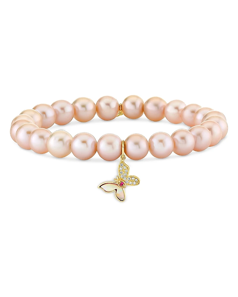 Sydney Evan Wicked x Sydney Evan 14K Yellow Gold Diamond Glinda Butterfly Charm Freshwater Rose Pearl Stretch Bracelet