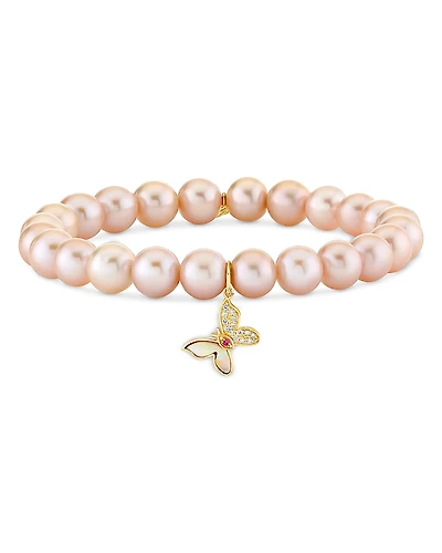 Sydney Evan Wicked x Sydney Evan 14K Yellow Gold Diamond Glinda Butterfly Charm Freshwater Rose Pearl Stretch Bracelet