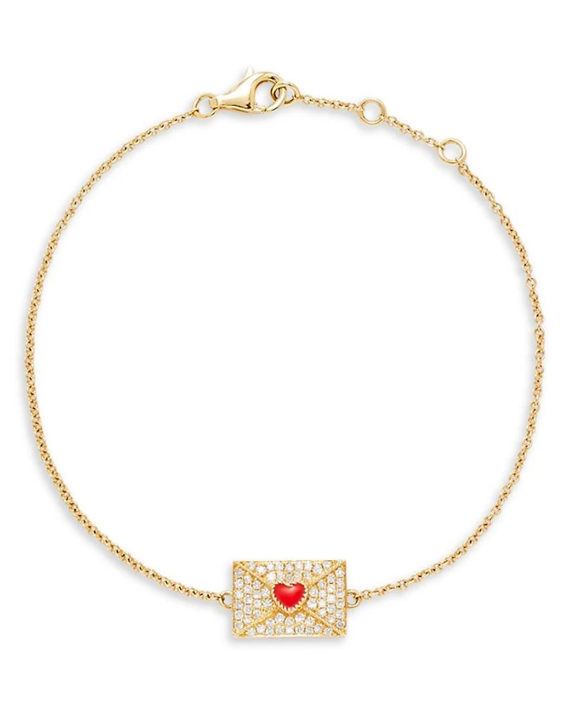 18K Yellow Gold Bracelet Ma Declaration Gray Diamond & Red Heart Envelope Charm Link Bracelet