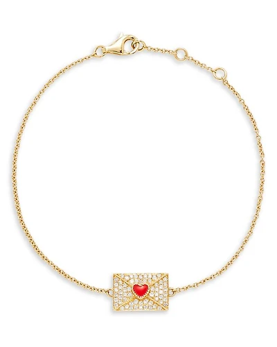 18K Yellow Gold Bracelet Ma Declaration Gray Diamond & Red Heart Envelope Charm Link Bracelet