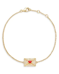 18K Yellow Gold Bracelet Ma Declaration Gray Diamond & Red Heart Envelope Charm Link Bracelet