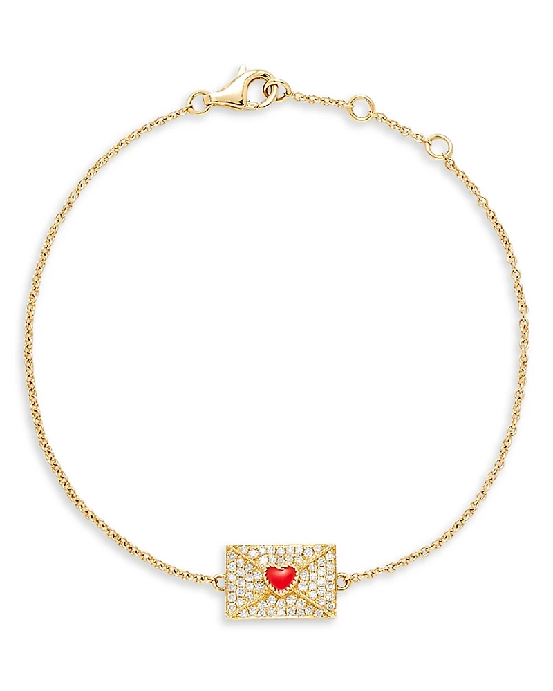 Yvonne Leon 18K Yellow Gold Bracelet Ma Declaration Gray Diamond & Red Heart Envelope Charm Link Bracelet