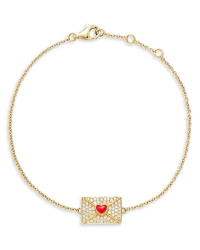 Yvonne Leon 18K Yellow Gold Bracelet Ma Declaration Gray Diamond & Red Heart Envelope Charm Link Bracelet