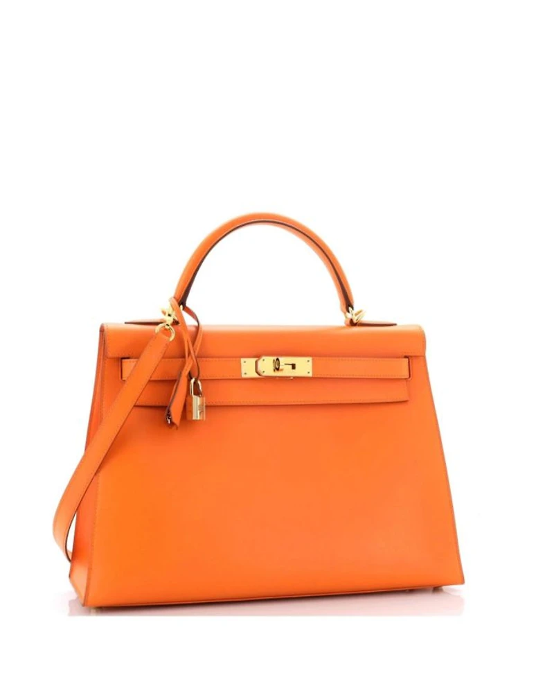 Kelly 32 Handbag Orange Box Calf with Gold Hardware