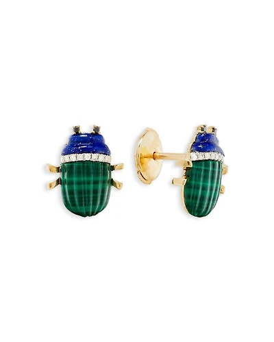 9K Yellow Gold Paire de Mini Puces Scarabee Multi Gemstone & Multi Diamond Scarab Stud Earrings
