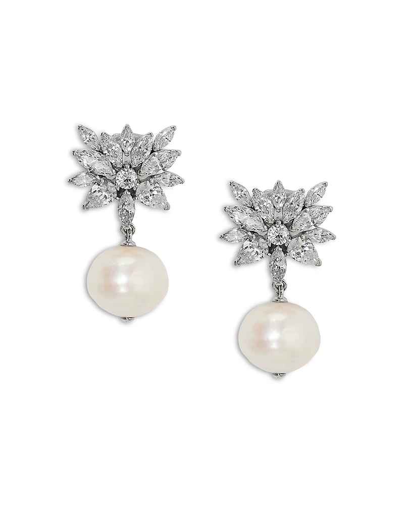 Nadri Sav Cubic Zirconia Cluster & Cultured Freshwater Pearl Clip On Drop Earrings