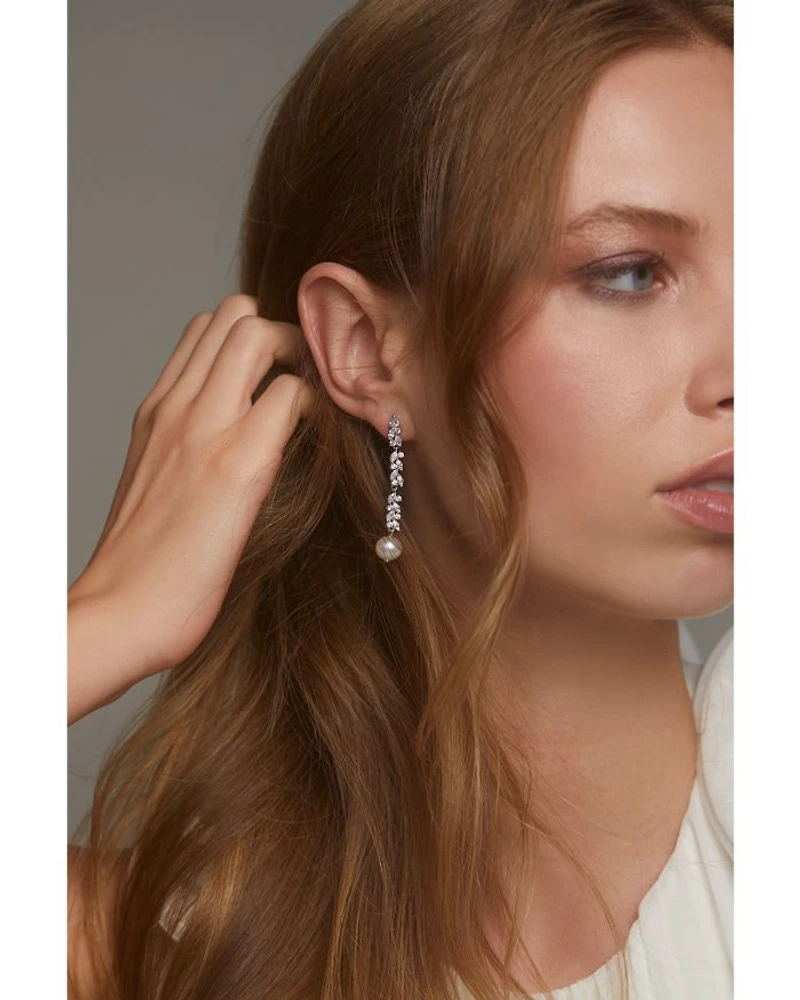 Sav Cubic Zirconia Cluster & Cultured Freshwater Pearl Linear Drop Earrings in Rhodium Plated