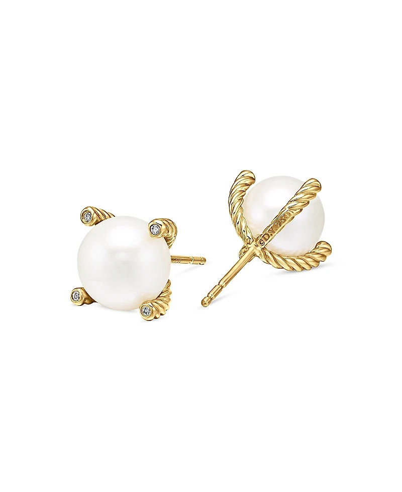 David Yurman 18K Yellow Gold Solari Stud Earrings with Cultured Freshwater Pearls & Diamonds
