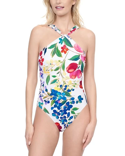 Floral Print Twist Neck Swimsuit