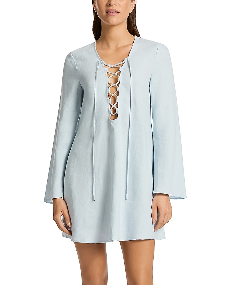 Jets Linen Tie Front Mini Cover-Up Dress