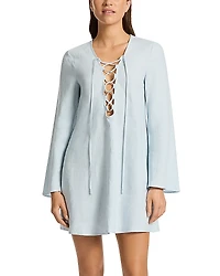Jets Linen Tie Front Mini Cover-Up Dress